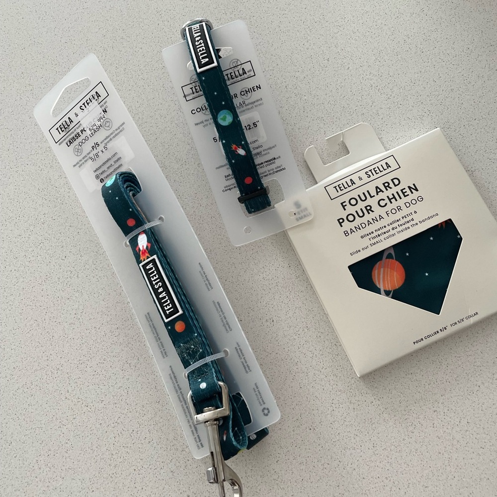 Tella and stella small god space leash, collar and scarf